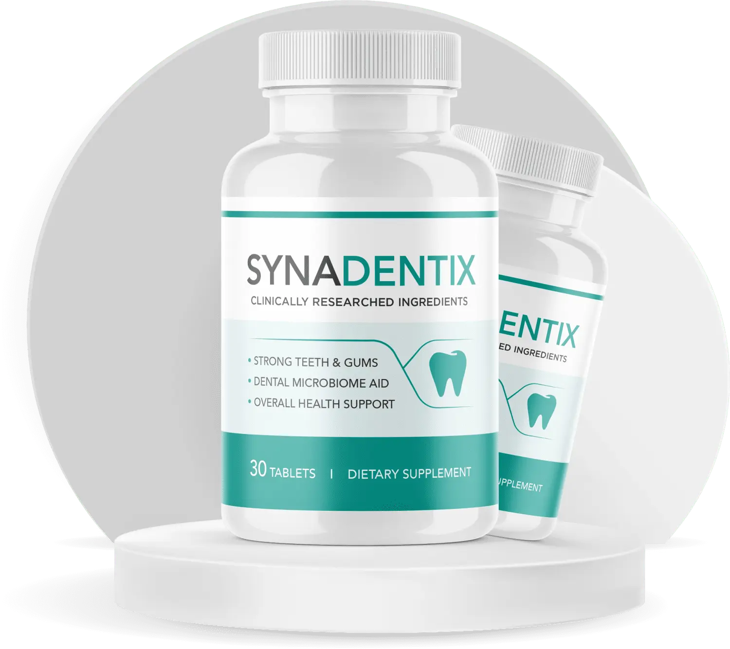 Synadentix bottle on white podium