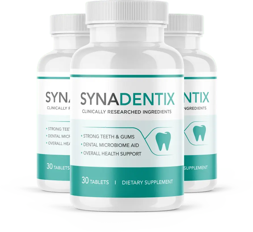 Three bottles of Synadentix oral health supplement