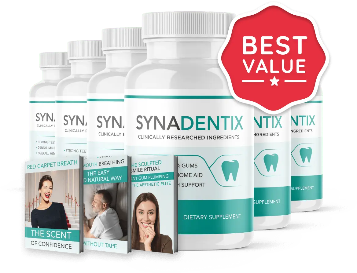 Six bottles of Synadentix with 3 free bonuses and best value badge